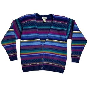LL Bean Vintage 80's Boho Blue Multicolor Stripe 3-button Knit Cardigan Sweater